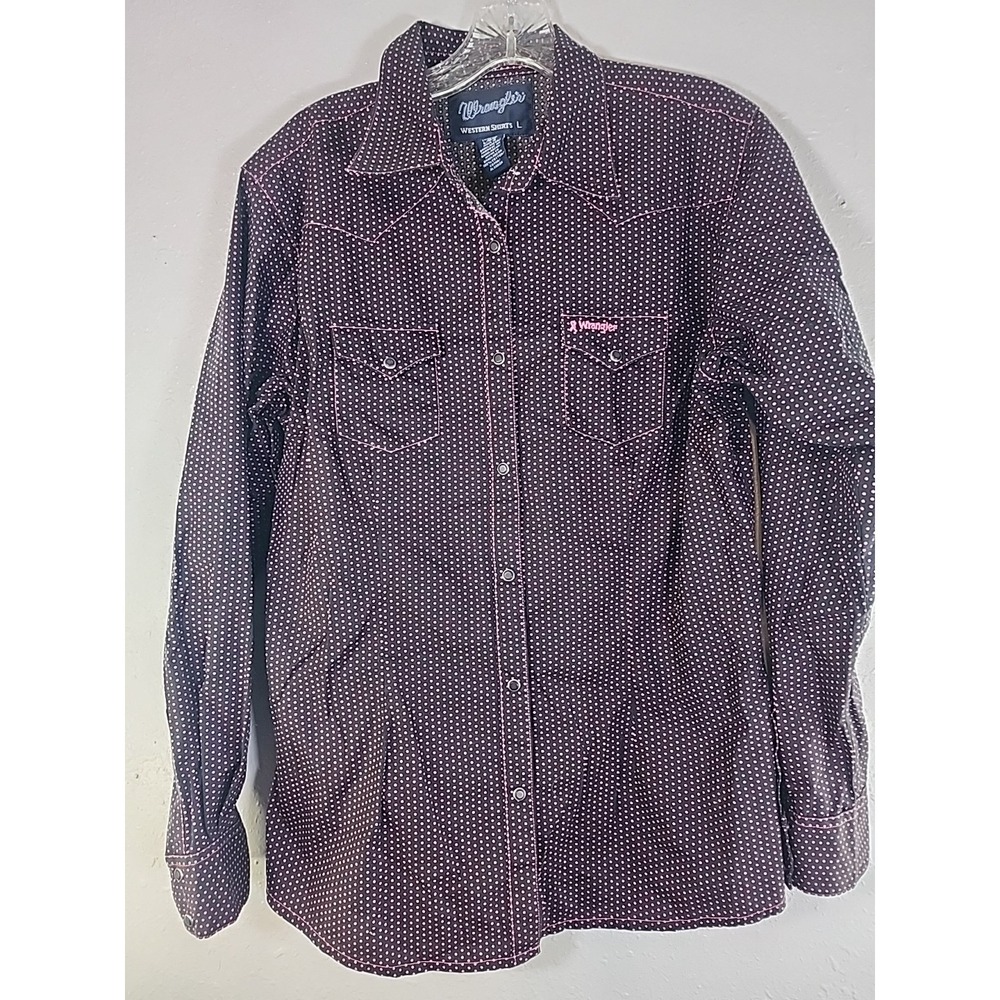 Wrangler Womens Navy Pink Print Long Sleeve‎ Snap Down Shirt Large